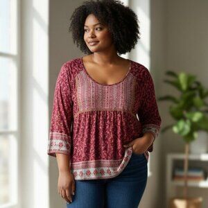 Unity Womens 2X Burgunday Printed 3/4 Sleeve Round Neck Tunic Top Shirt Blouse